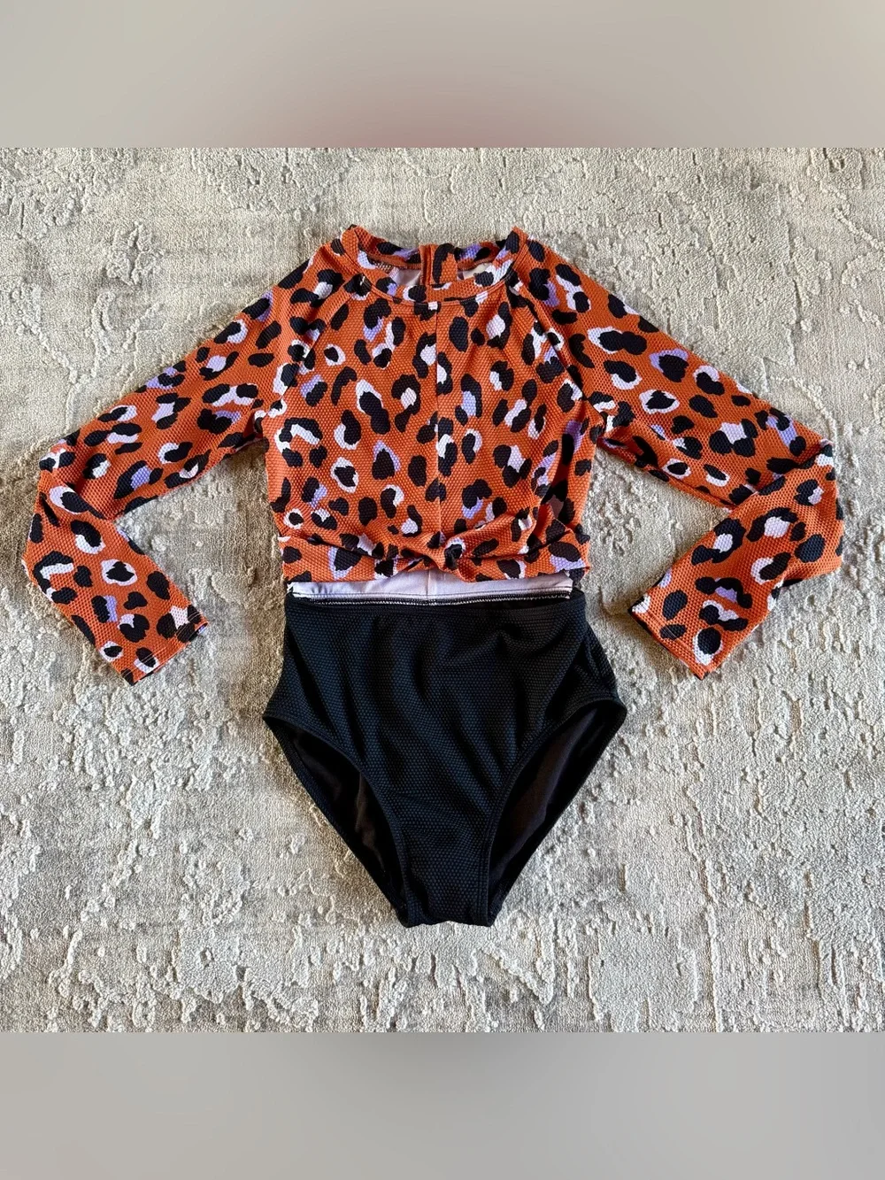 Art class Kids Long Sleeve Rash Guard Swim one piece Orange Leopard NWOT size XL
